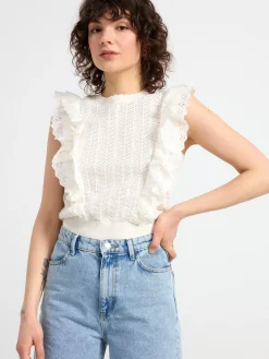 Toppar & T-Shirts>Lindex Armlos Stickad Topp Med Volanger Off White