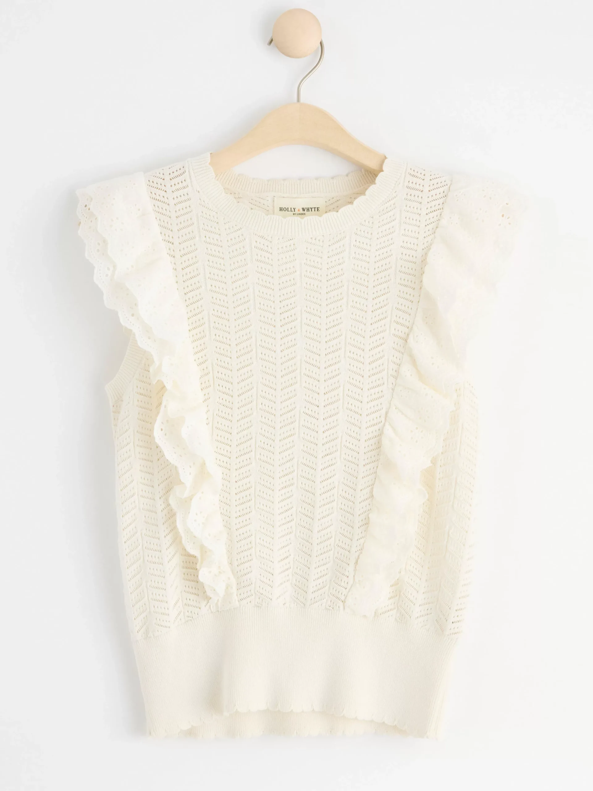 Toppar & T-Shirts>Lindex Armlos Stickad Topp Med Volanger Off White