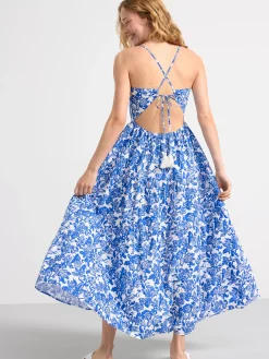 Klänningar>Lindex Blommig Maxiklanning Med Volang Strong Blue