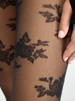 Strumpbyxor & Leggings>Lindex Blommiga Semi Shine Strumpbyxor 20 Denier Black
