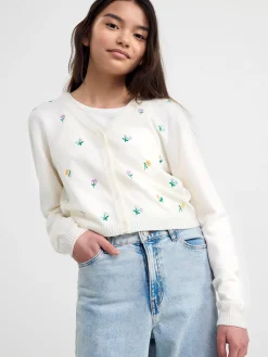 Tröjor & Cardigans>Lindex Cardigan Med Broderade Blommor Off White