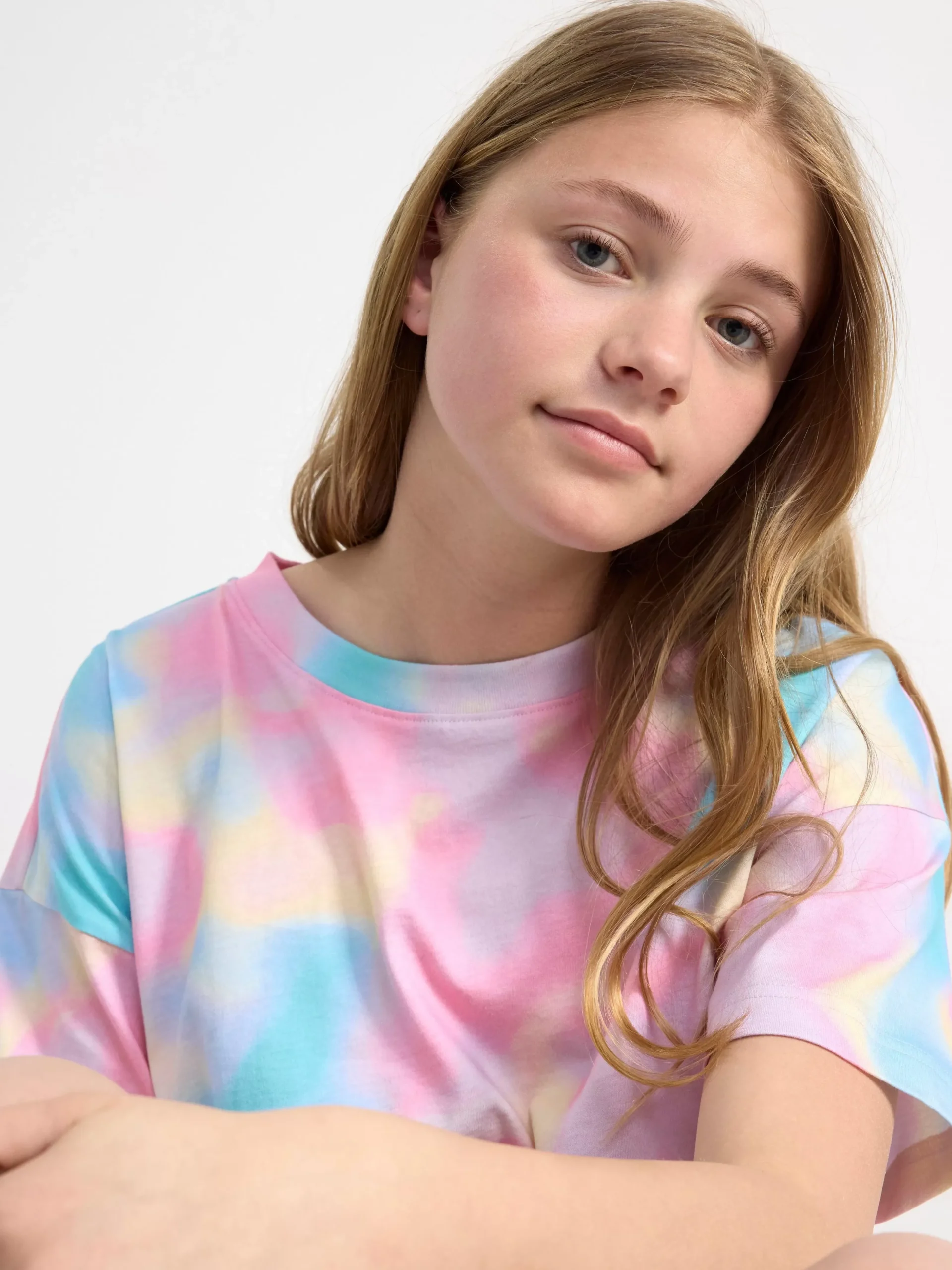 Toppar & T-Shirts>Lindex Croppad Regnbagsfargad T-Shirt Light Pink