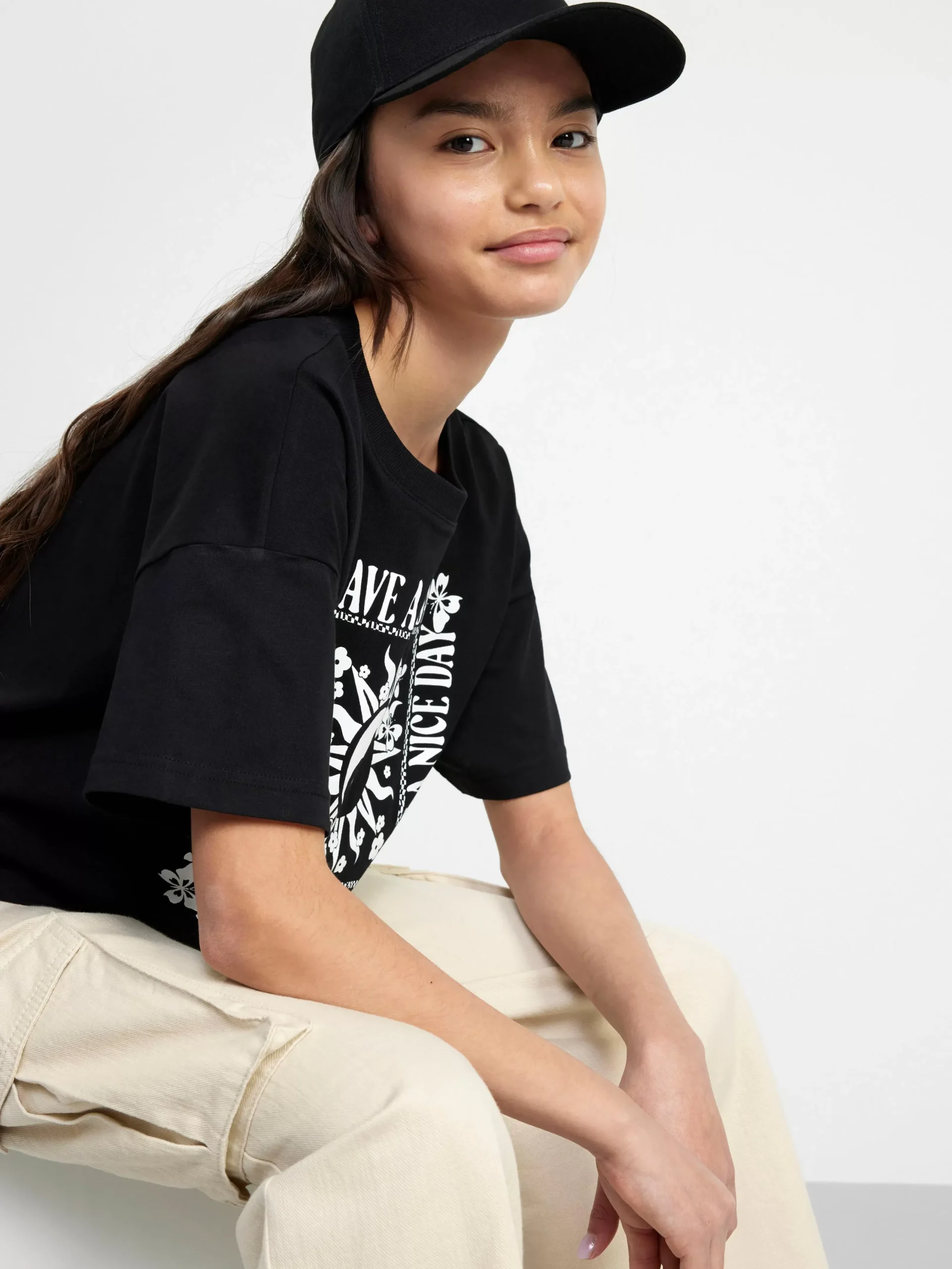 Toppar & T-Shirts>Lindex Croppad T-Shirt Med Tryck Black