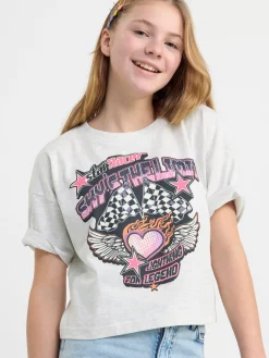 Toppar & T-Shirts>Lindex Croppad T-Shirt Med Tryck Lt Grey Melange