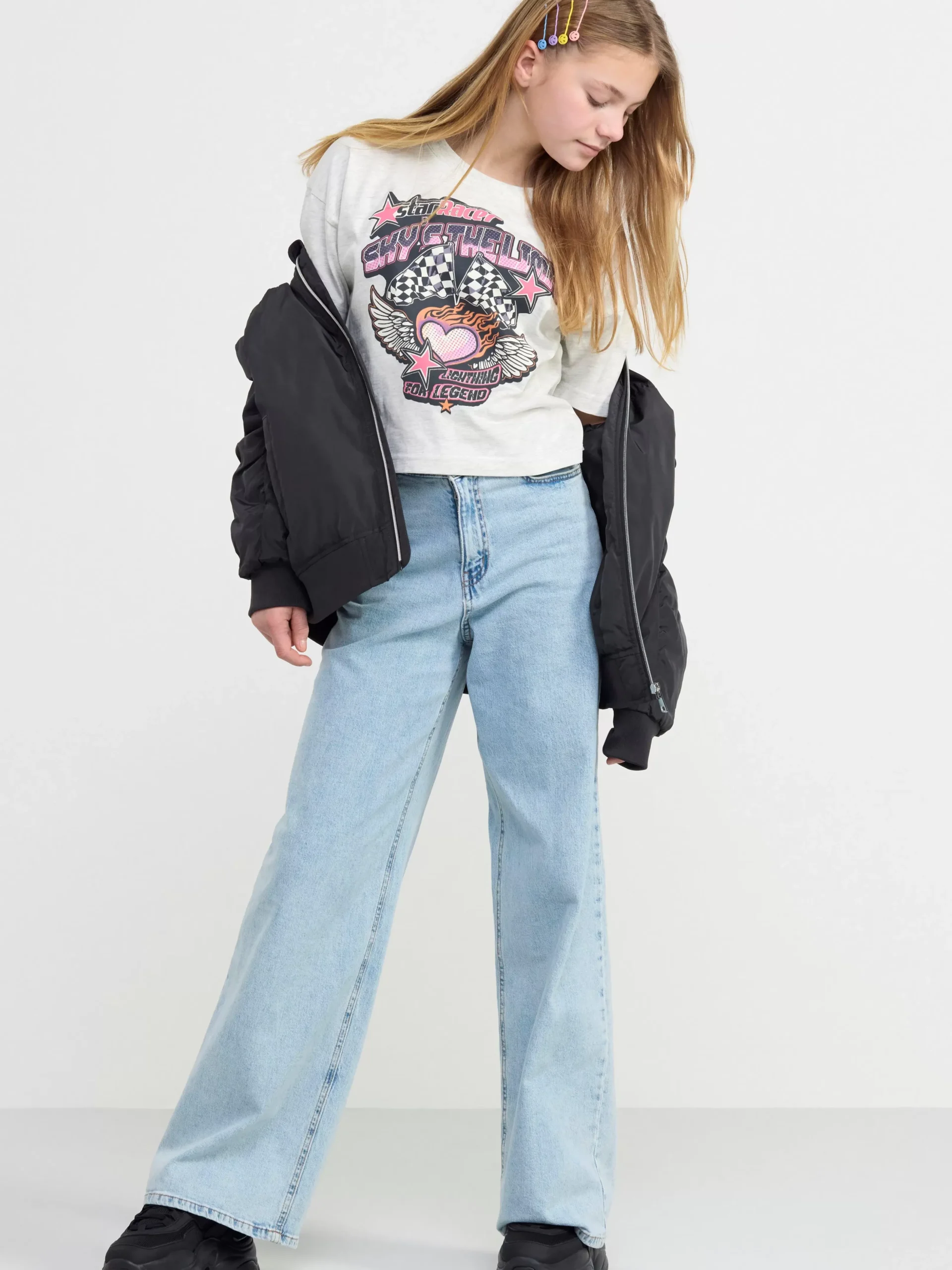Toppar & T-Shirts>Lindex Croppad T-Shirt Med Tryck Lt Grey Melange