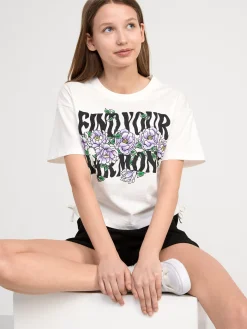 Toppar & T-Shirts>Lindex Croppad T-Shirt Med Tryck Och Rynkdetaljer Off White