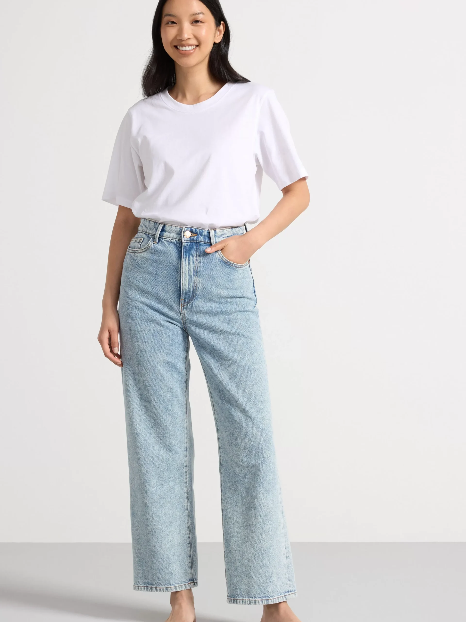 Jeans>Lindex Hanna Vida High Waist-Jeans Med Croppat Ben Light Denim