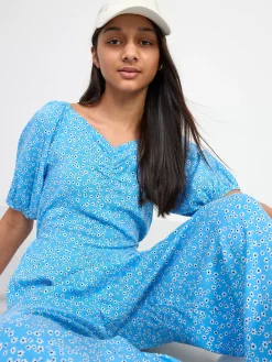Jumpsuits>Lindex Kortarmad Blommig Jumpsuit Light Dusty Blue