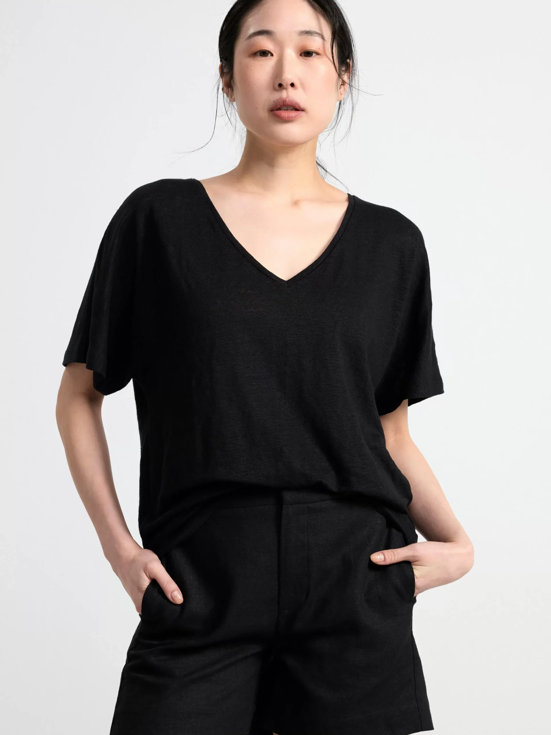 Toppar & T-Shirts>Lindex Kortarmad Linnetopp Med V‑Ringning Black