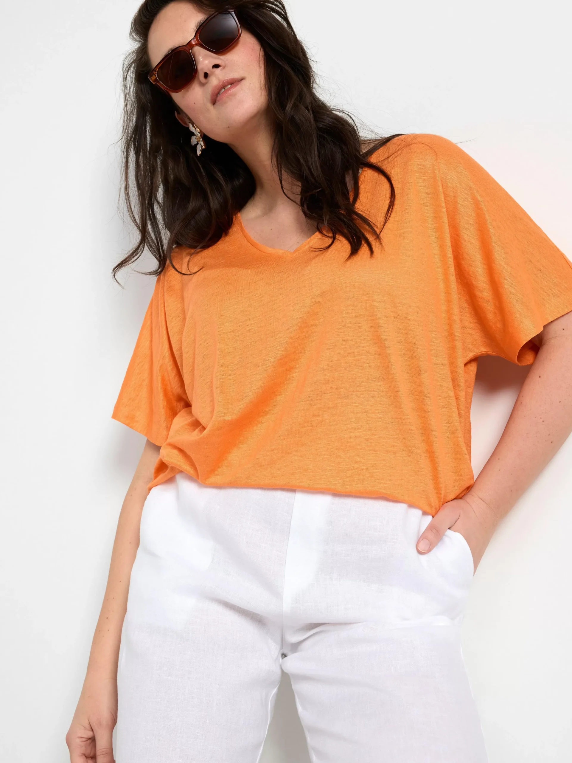 Toppar & T-Shirts>Lindex Kortarmad Linnetopp Med V‑Ringning Light Orange