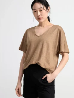Toppar & T-Shirts>Lindex Kortarmad Linnetopp Med V‑Ringning Light Dusty  Brown