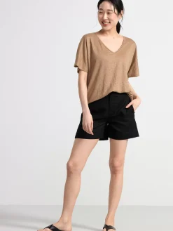Toppar & T-Shirts>Lindex Kortarmad Linnetopp Med V‑Ringning Light Dusty  Brown