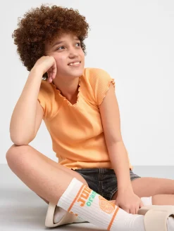 Toppar & T-Shirts>Lindex Kortarmad Ribbad Topp Light Orange