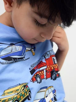Toppar & T-Shirts>Lindex Kortarmad Topp Med Bilar Lt Dusty Blue