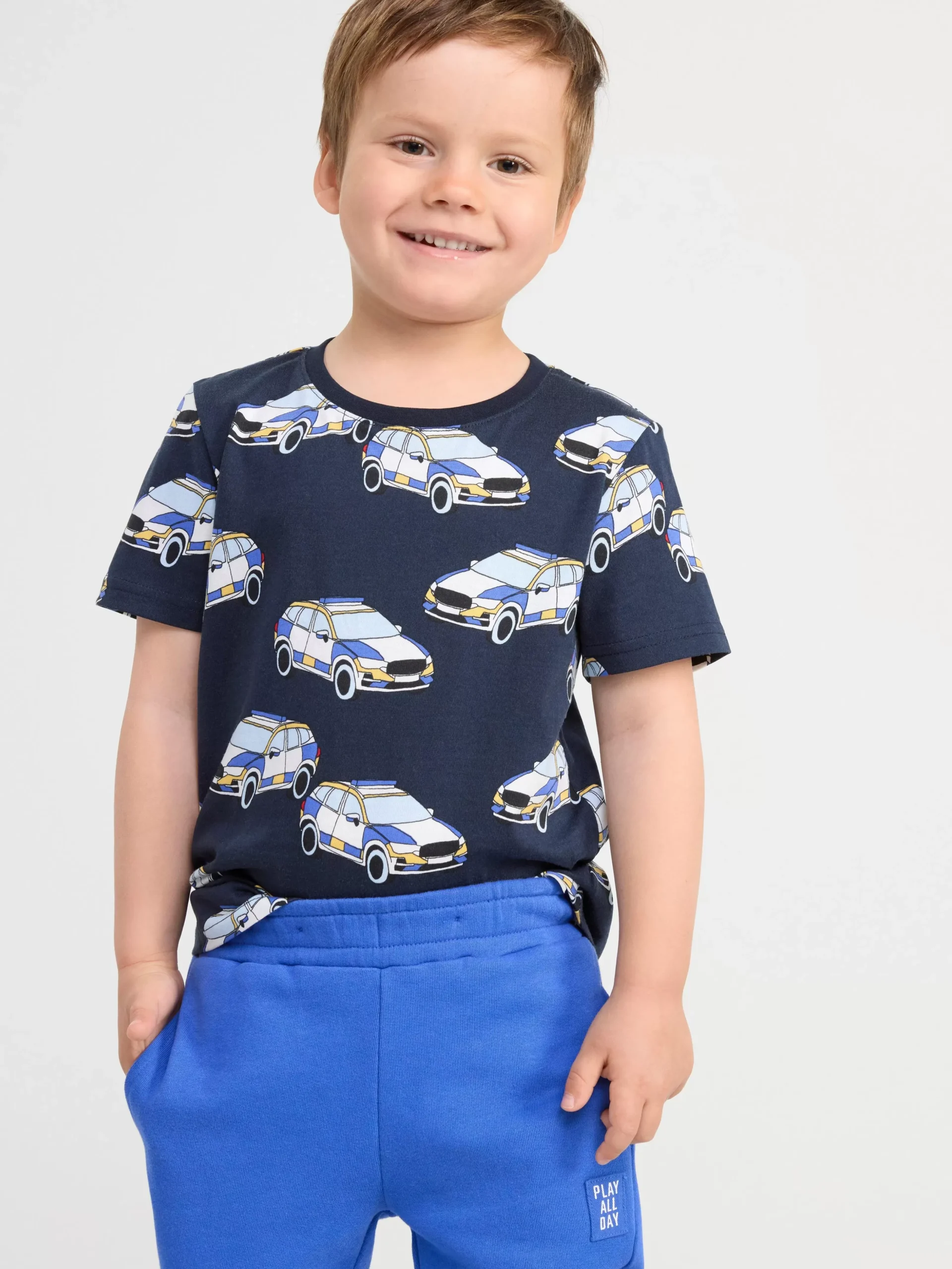 Toppar & T-Shirts>Lindex Kortarmad Topp Med Bilar Dark Navy