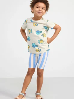 Toppar & T-Shirts>Lindex Kortarmad Topp Med Fiskar Light Beige