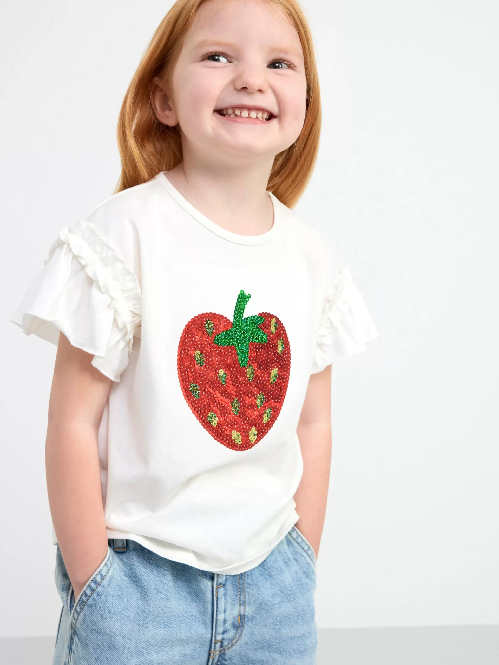 Toppar & T-Shirts>Lindex Kortarmad Topp Med Jordgubbe Light Dusty White