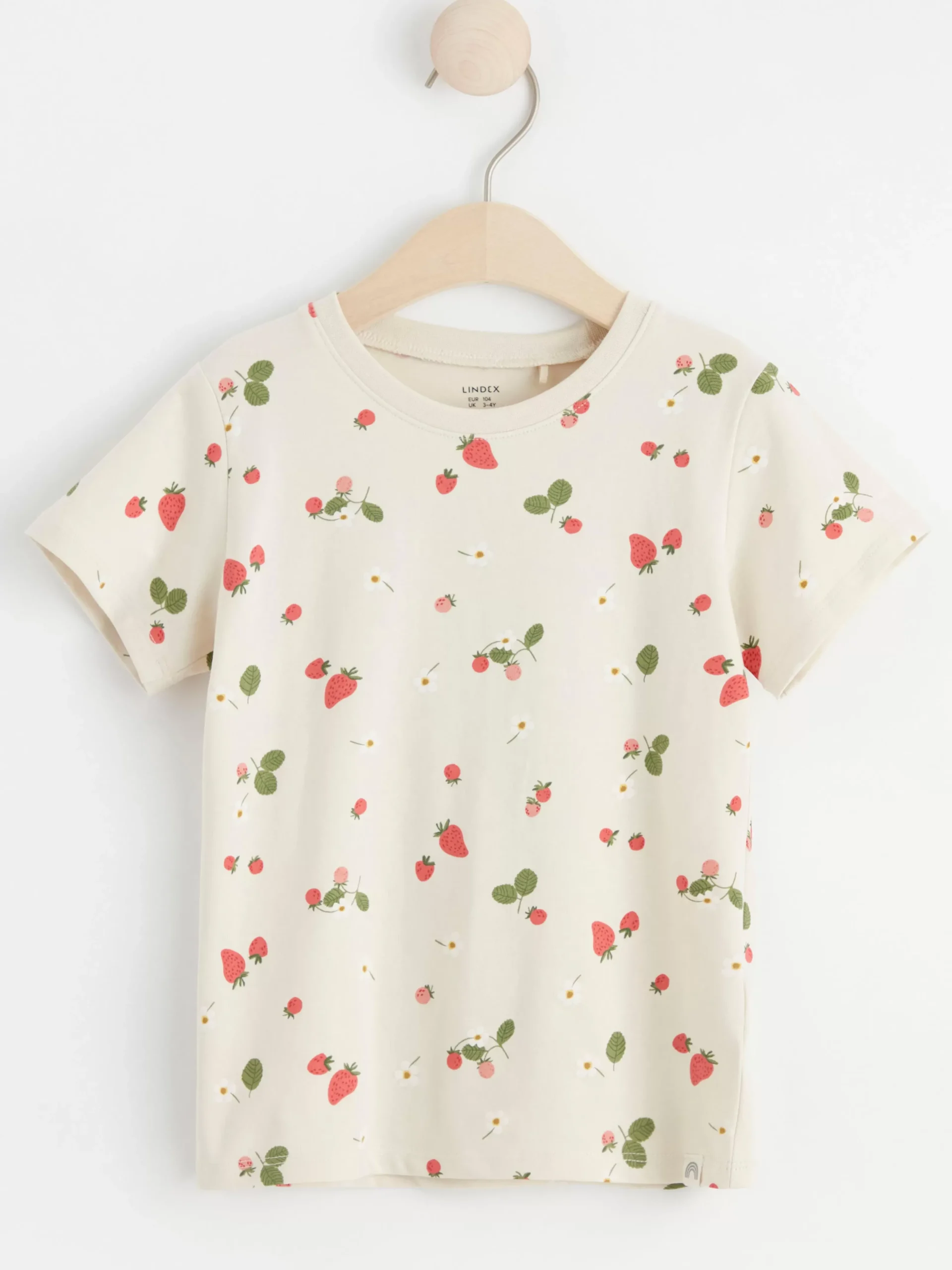 Toppar & T-Shirts>Lindex Kortarmad Topp Med Jordgubbar Light Beige