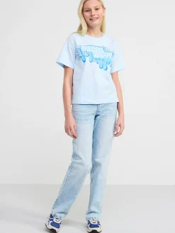 Toppar & T-Shirts>Lindex Kortarmad Topp Med Tryck Framtill Light Blue