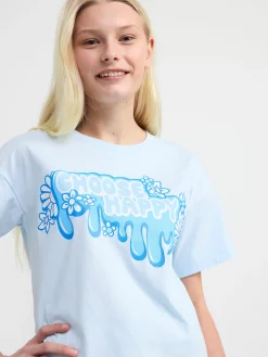 Toppar & T-Shirts>Lindex Kortarmad Topp Med Tryck Framtill Light Blue