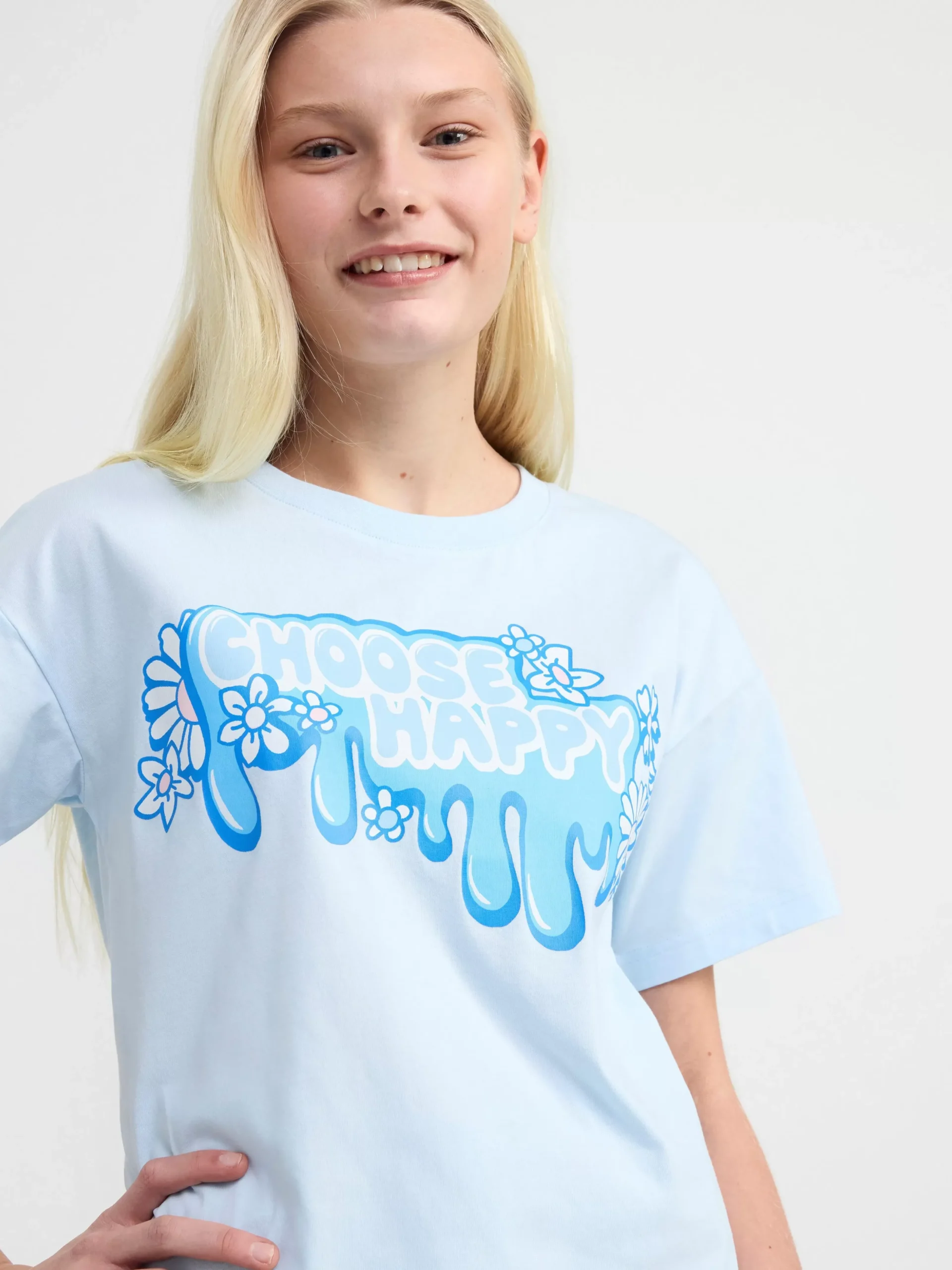 Toppar & T-Shirts>Lindex Kortarmad Topp Med Tryck Framtill Light Blue