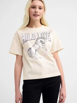 Toppar & T-Shirts>Lindex Kortarmad Topp Med Tryck Framtill Light Beige