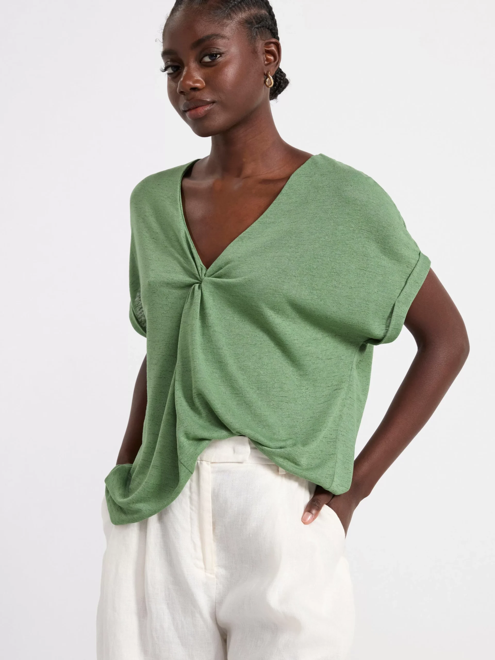 Toppar & T-Shirts>Lindex Kortarmad Topp Med V-Ringning Light Khaki