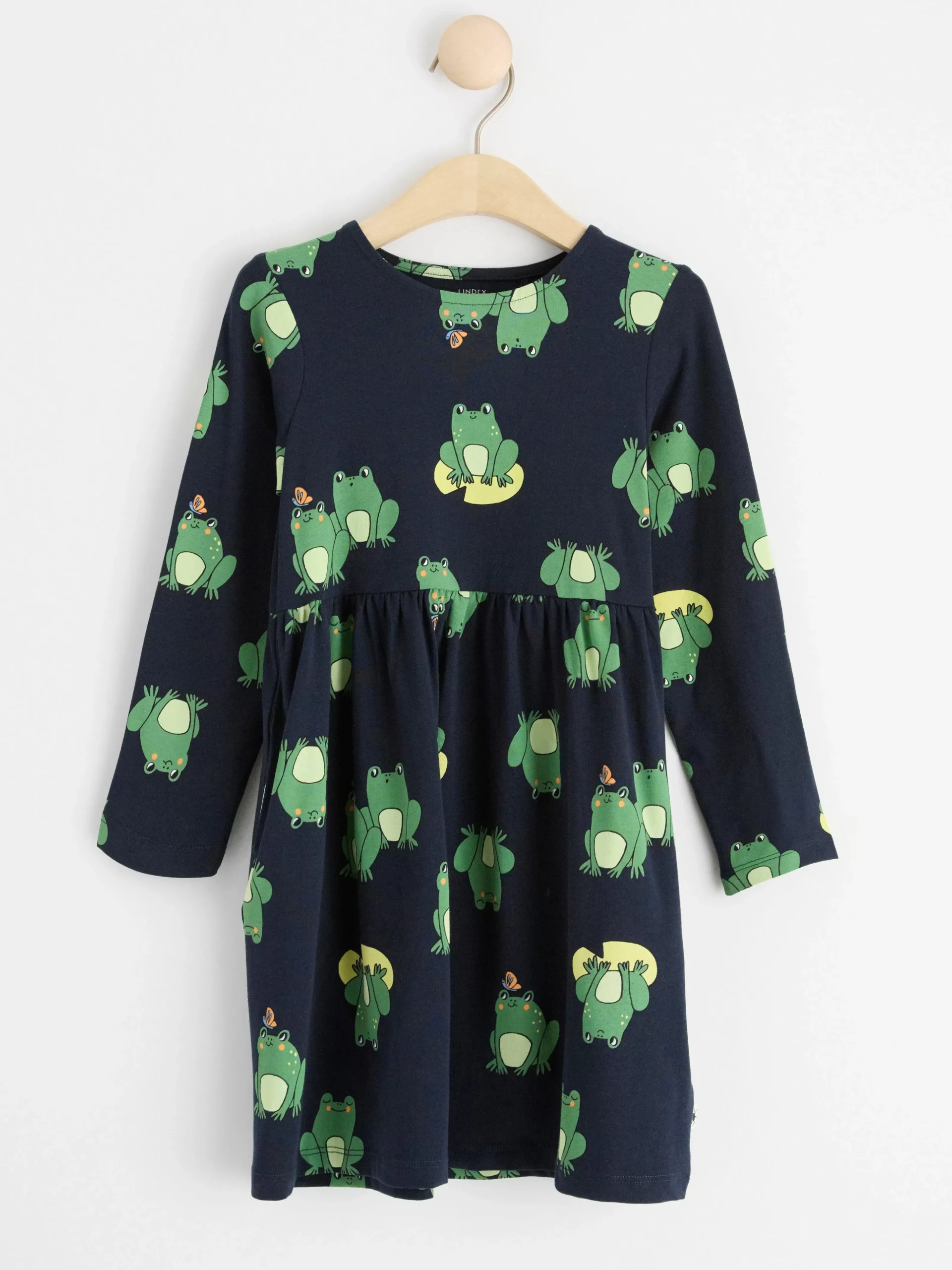 Klänningar>Lindex Langarmad Klanning Med Heltackande Monster Med Grodor Dark Navy