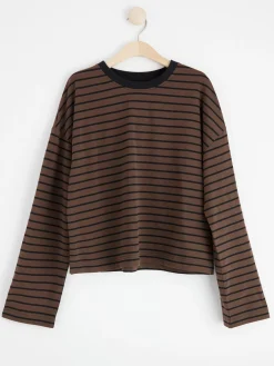 Toppar & T-Shirts>Lindex Langarmad Randig Bomullstroja Dark Brown
