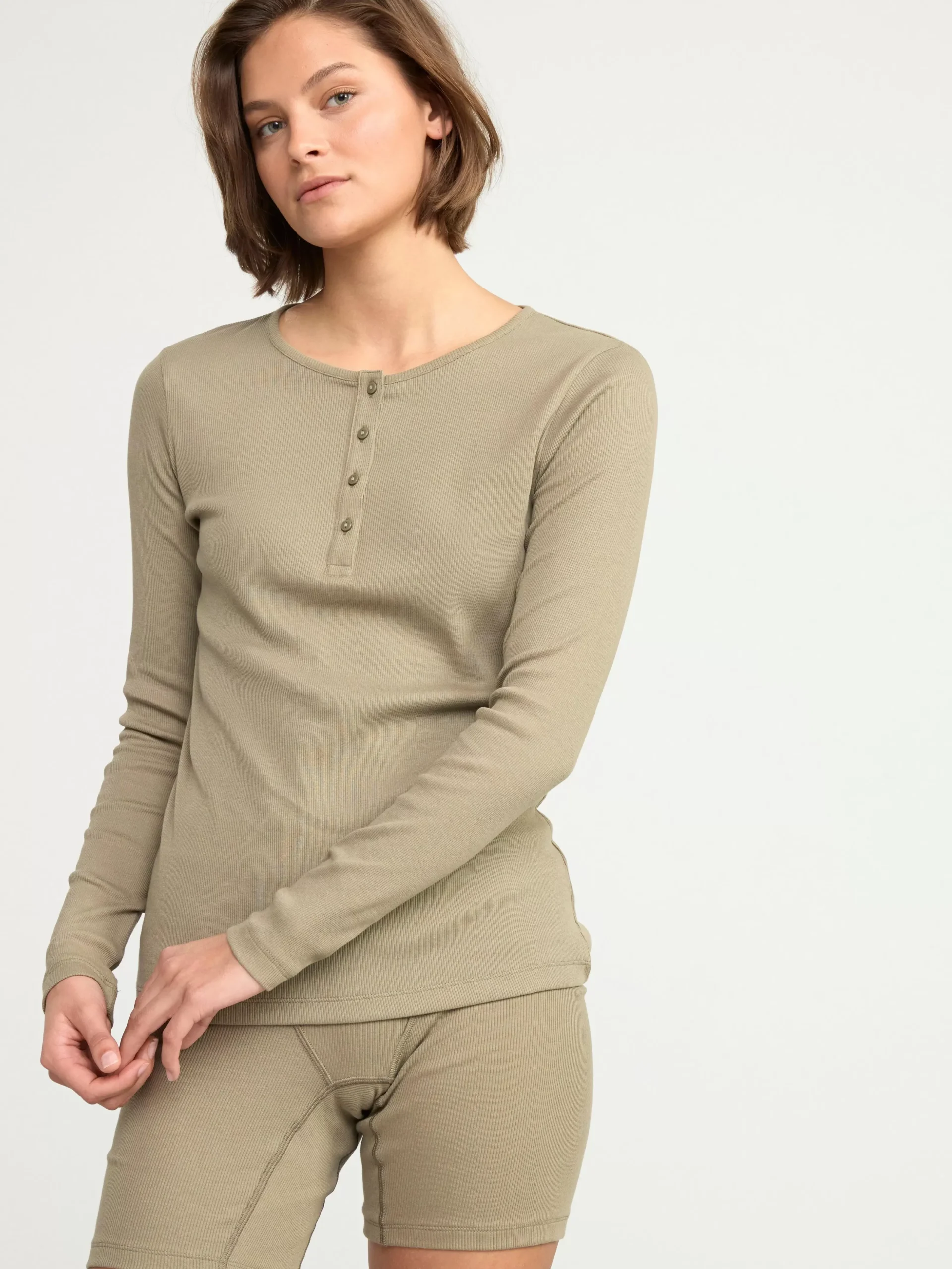 Nattplagg>Lindex Langarmad Ribbad Pyjamastopp Khaki