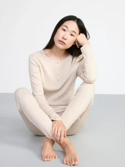 Nattplagg>Lindex Langarmad Ribbad Pyjamastopp Light Beige