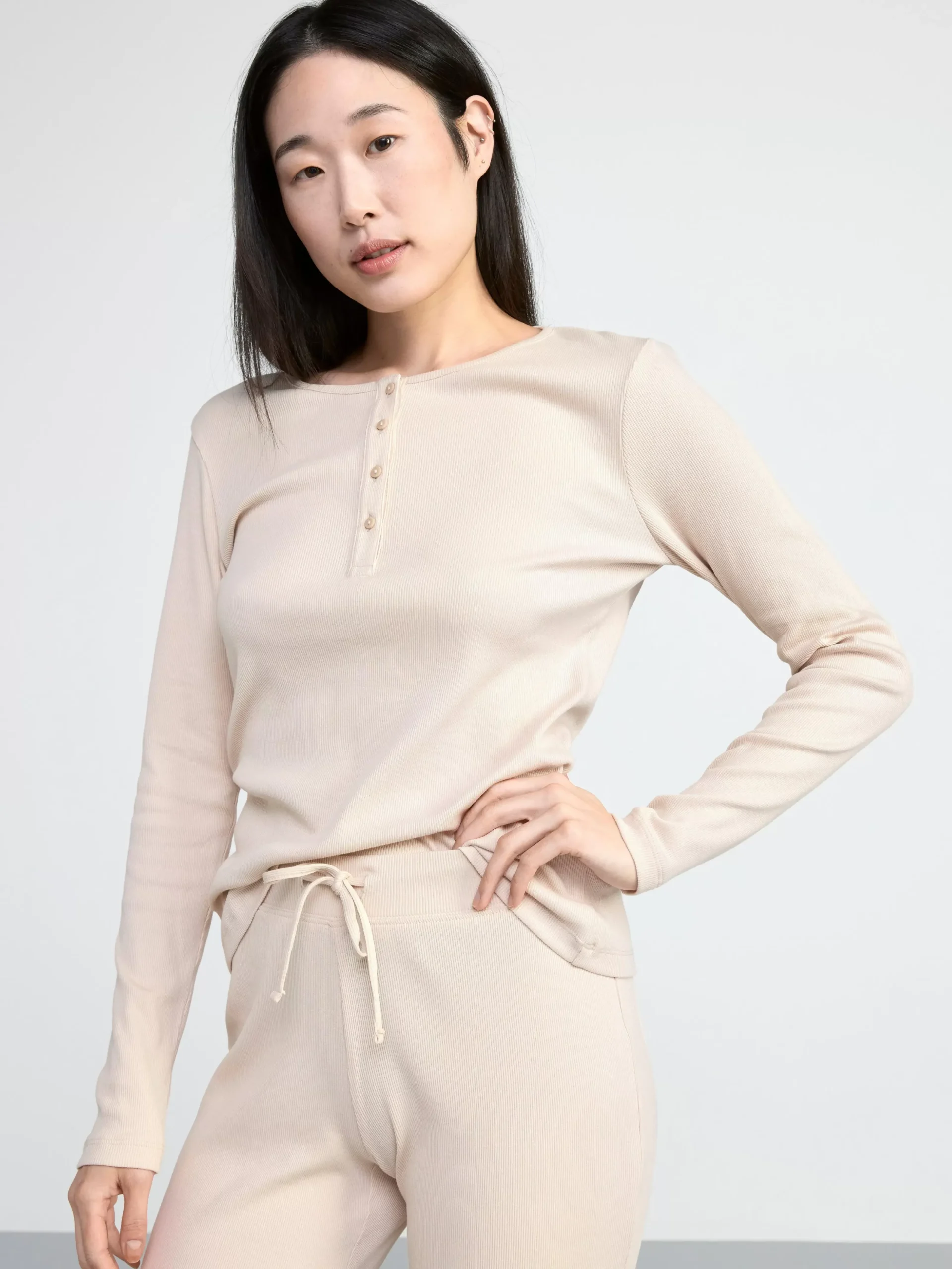 Nattplagg>Lindex Langarmad Ribbad Pyjamastopp Light Beige