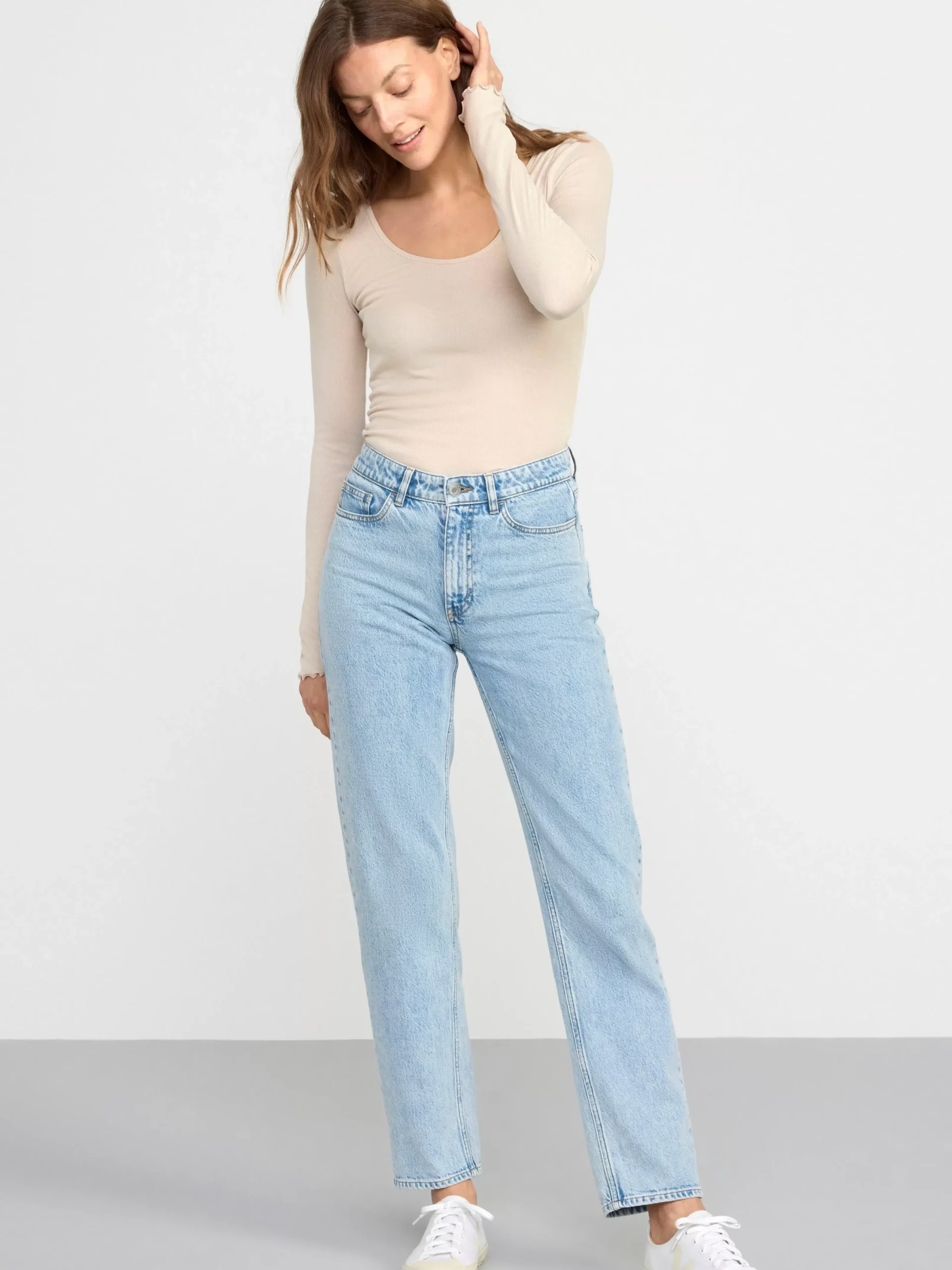 Toppar & T-Shirts>Lindex Langarmad Ribbad Topp Light Beige