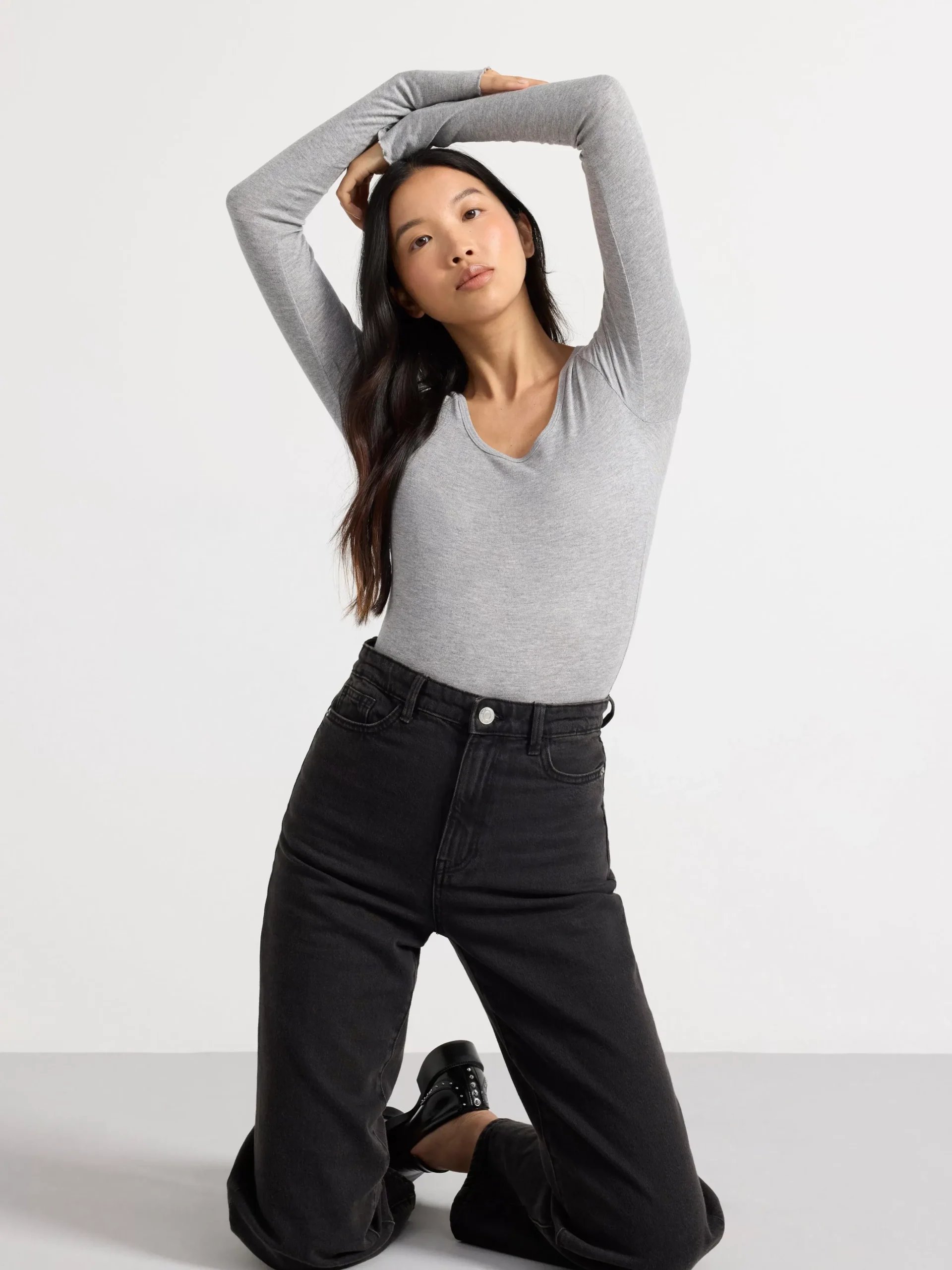 Toppar & T-Shirts>Lindex Langarmad Ribbad Topp Grey Melange