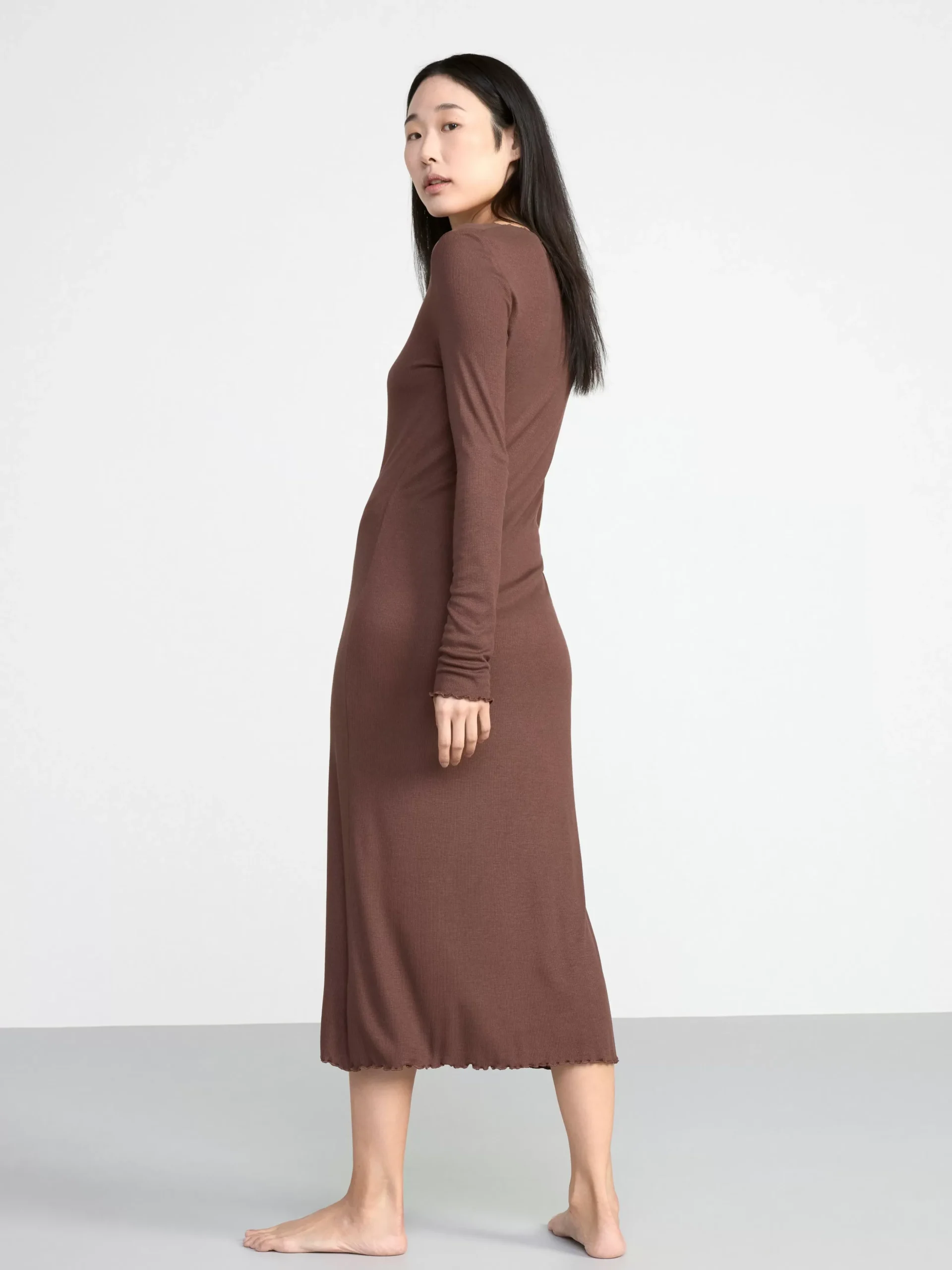 Nattplagg>Lindex Langt Ribbat Nattlinne Dark Dusty Brown
