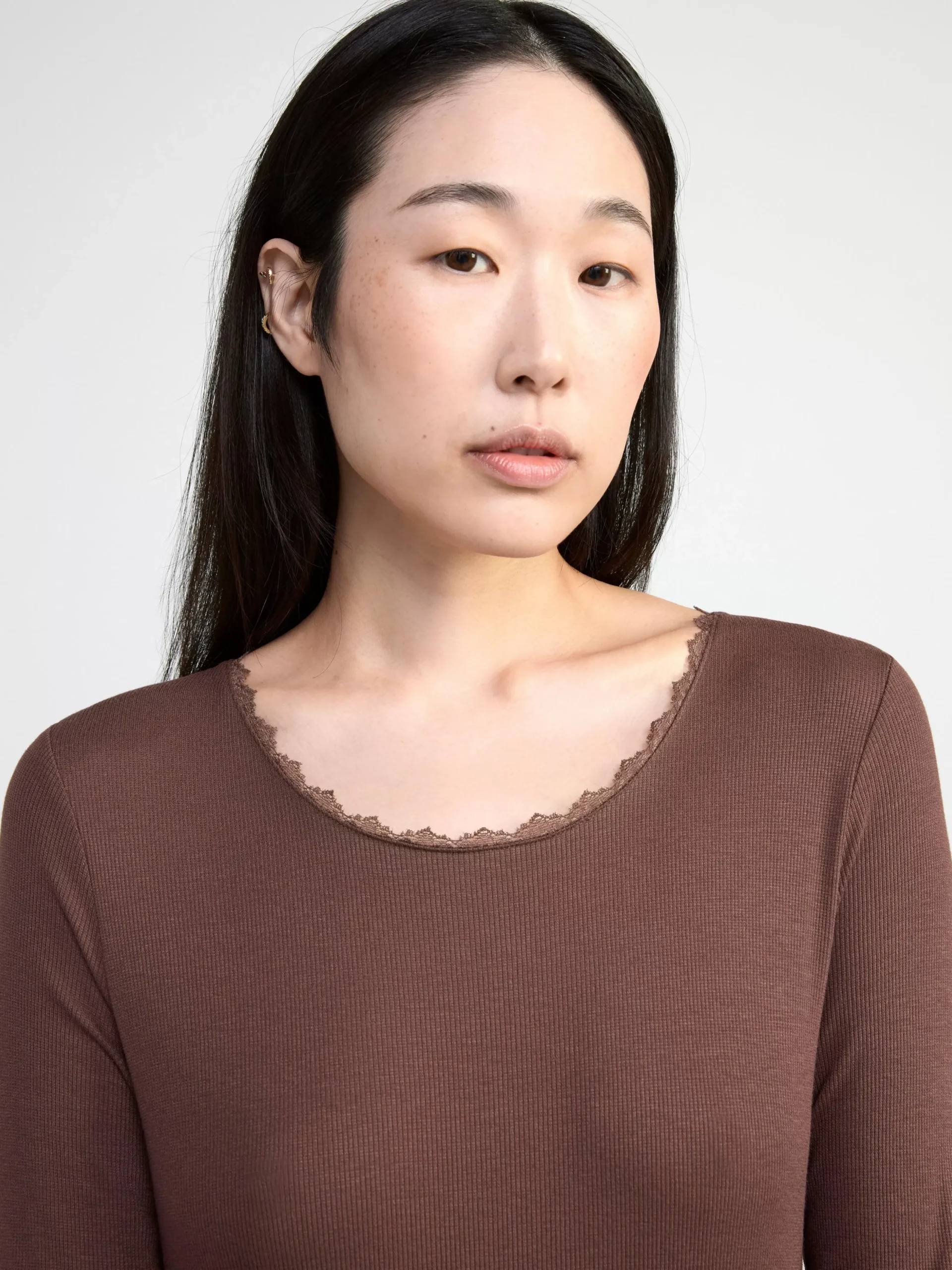 Nattplagg>Lindex Langt Ribbat Nattlinne Dark Dusty Brown