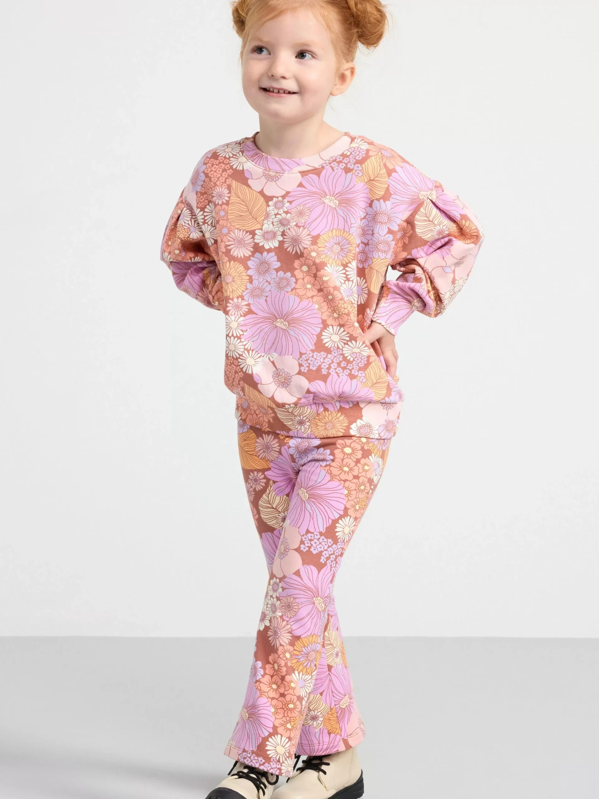 Byxor & Leggings>Lindex Leggings Med Blommor Och Borstad Insida Dark Dusty Pink