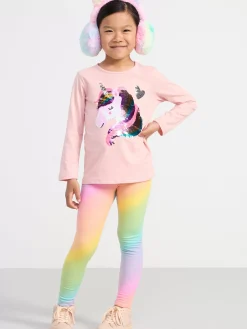 Byxor & Leggings>Lindex Leggings Med Regnbagsmonster Och Borstad Insida Pink