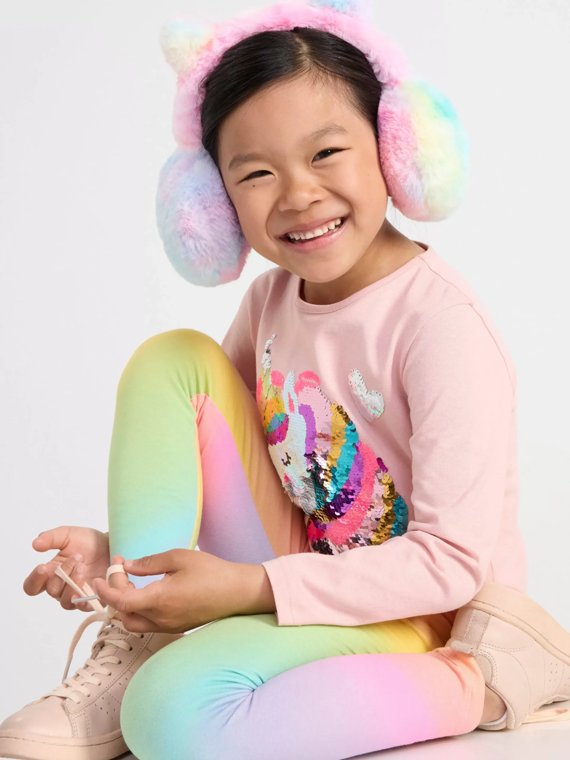 Byxor & Leggings>Lindex Leggings Med Regnbagsmonster Och Borstad Insida Pink