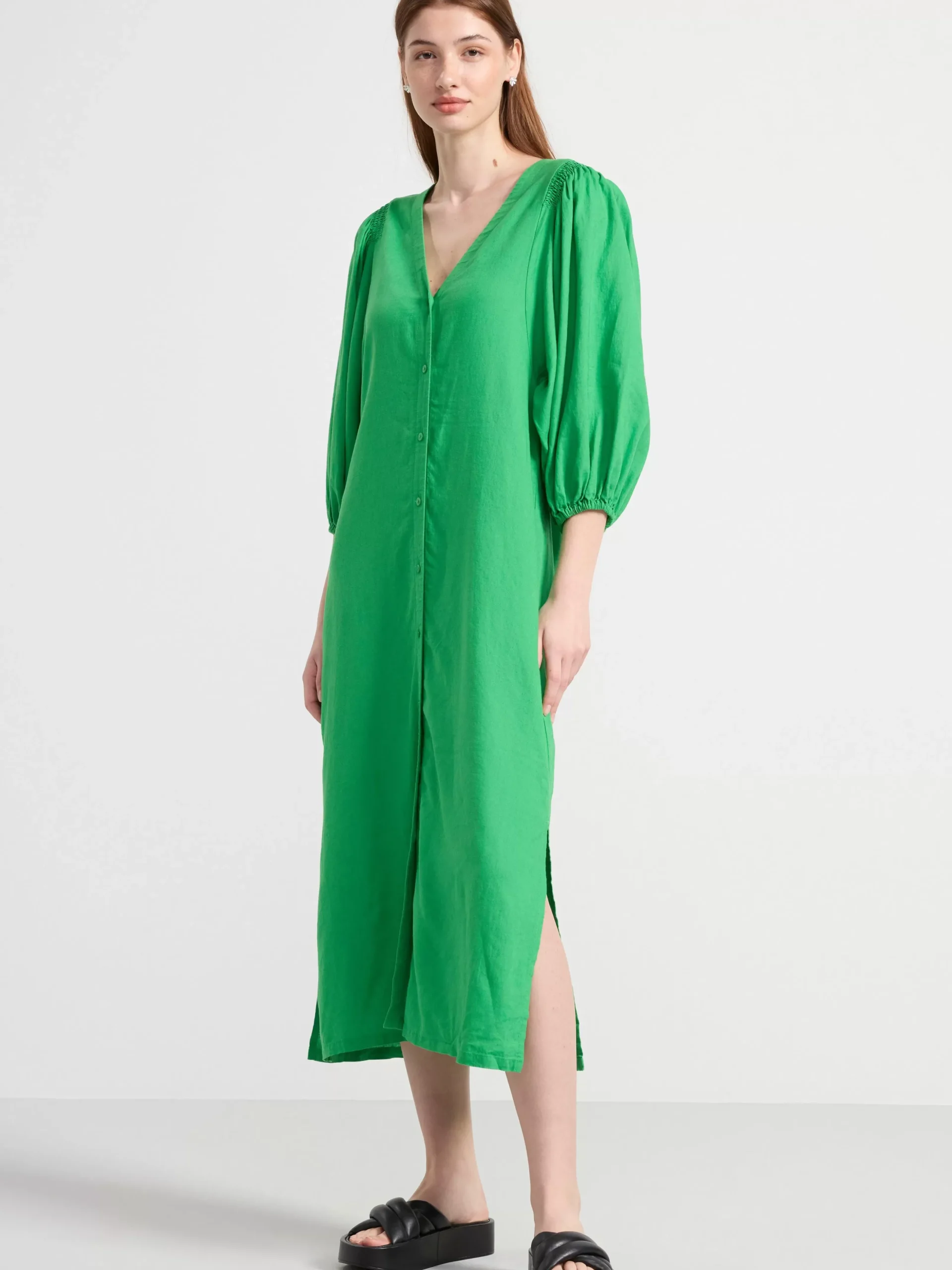 Klänningar>Lindex Midiklanning I Linneblandning Med Puffarm Green