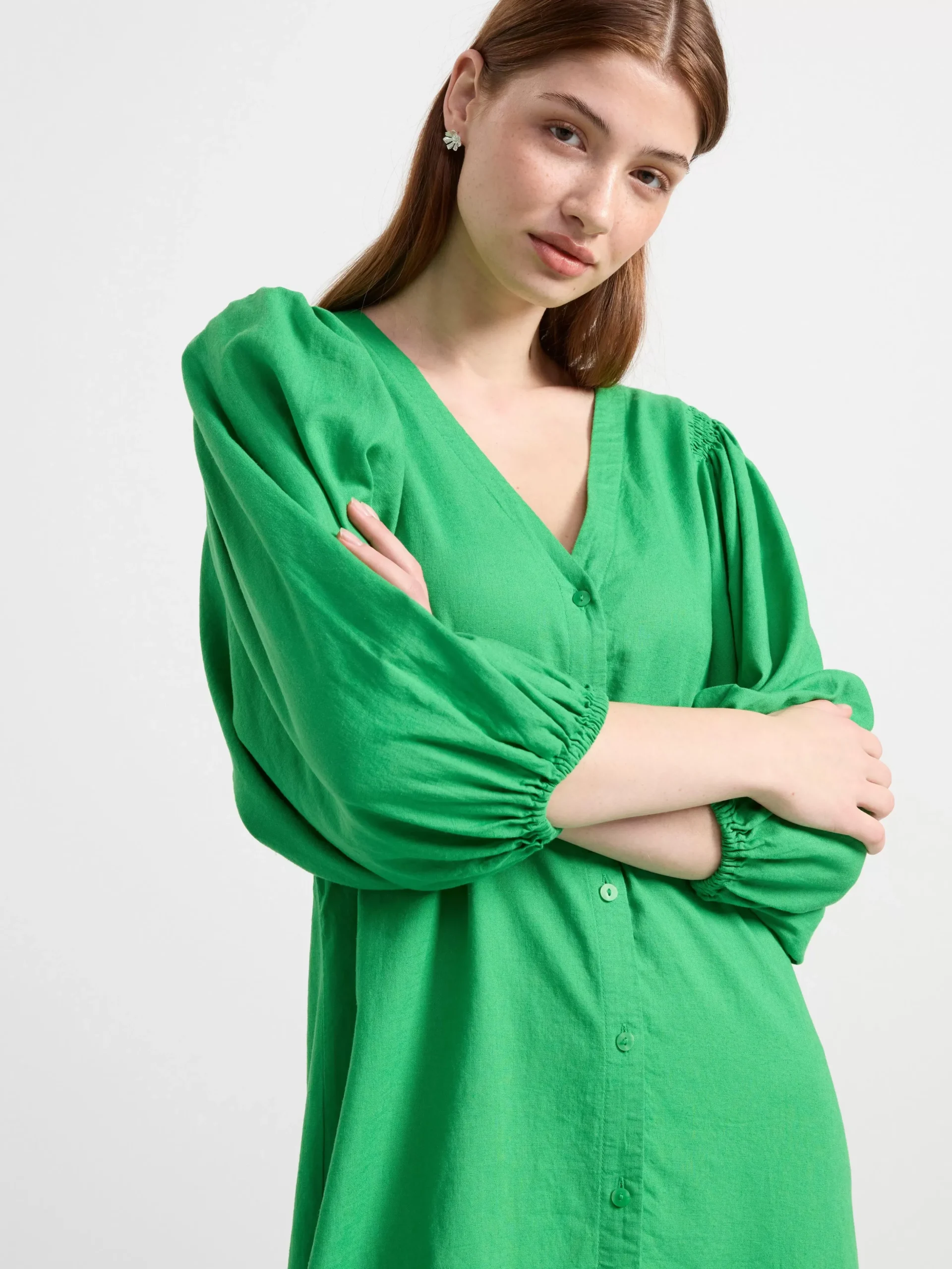 Klänningar>Lindex Midiklanning I Linneblandning Med Puffarm Green