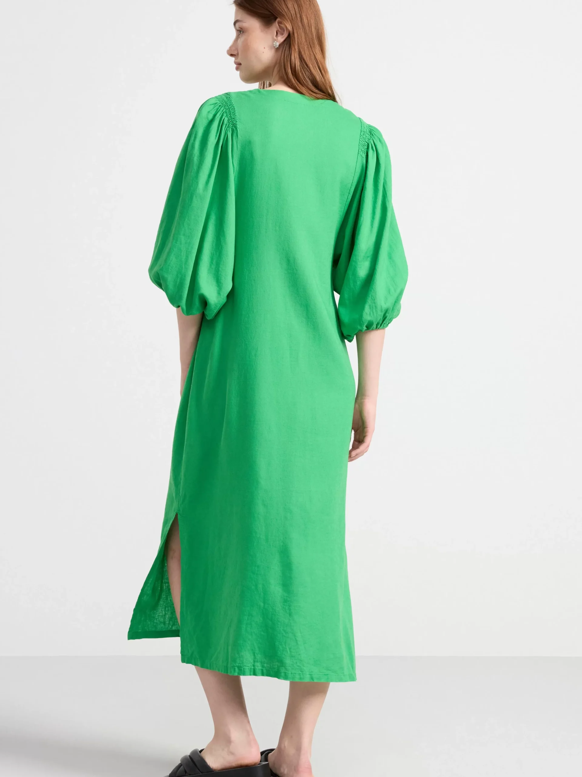 Klänningar>Lindex Midiklanning I Linneblandning Med Puffarm Green
