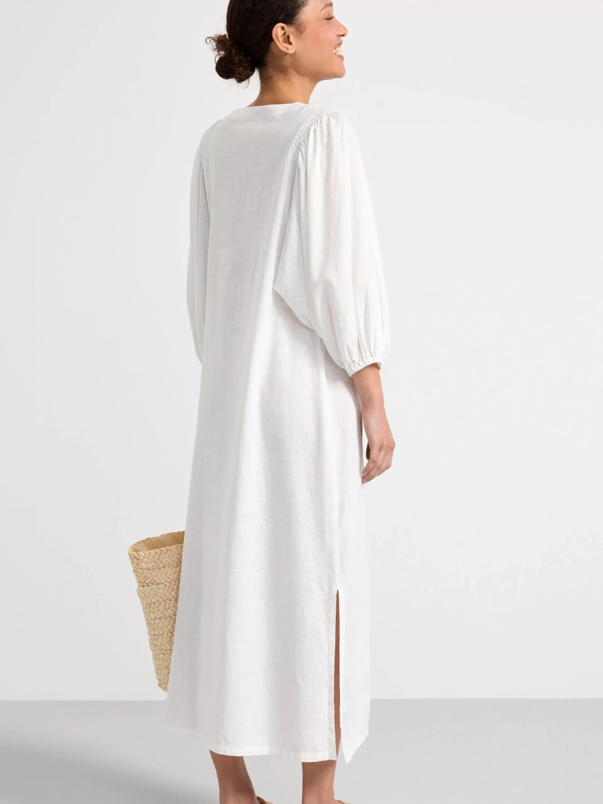 Klänningar>Lindex Midiklanning I Linneblandning Med Puffarm Off White