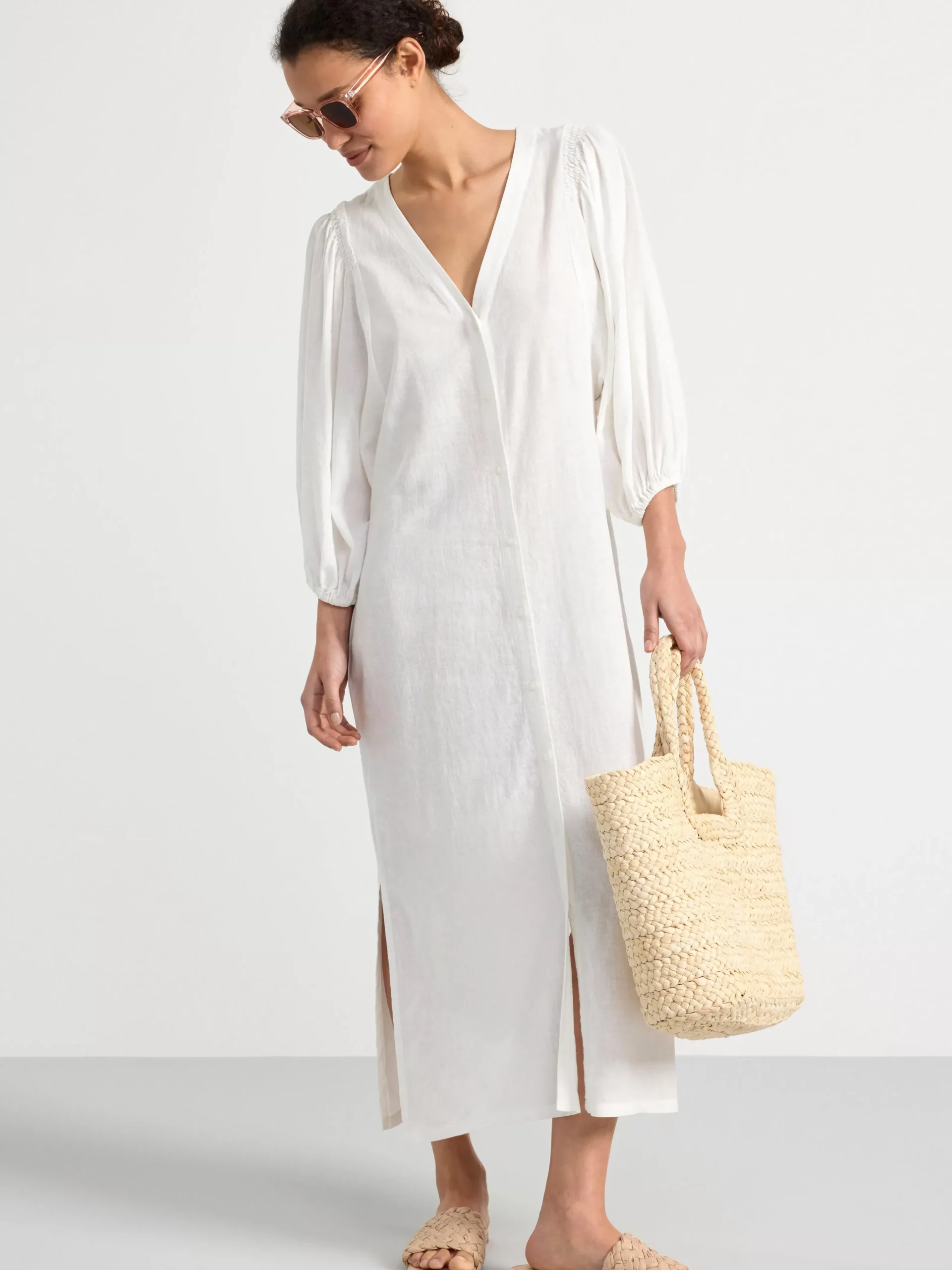 Klänningar>Lindex Midiklanning I Linneblandning Med Puffarm Off White