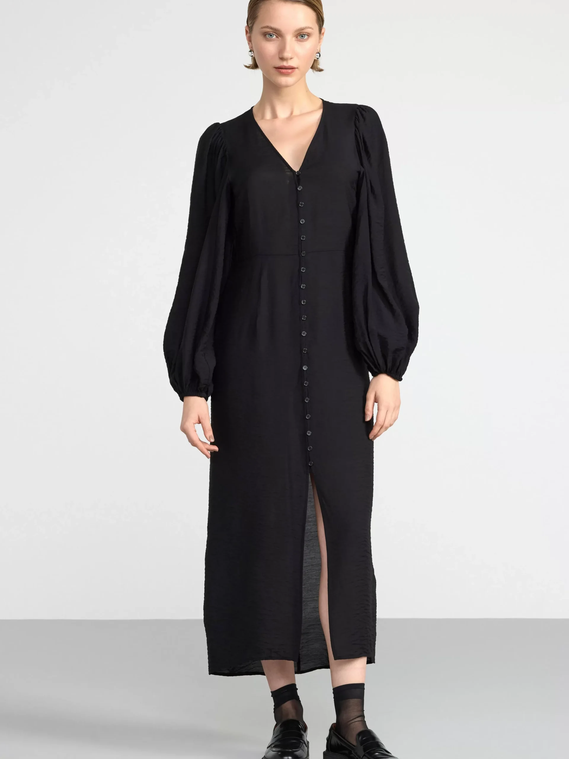 Klänningar>Lindex Midiklanning Med Puffarm Black