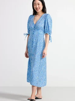 Klänningar>Lindex Midiklanning Med Puffarm Blue
