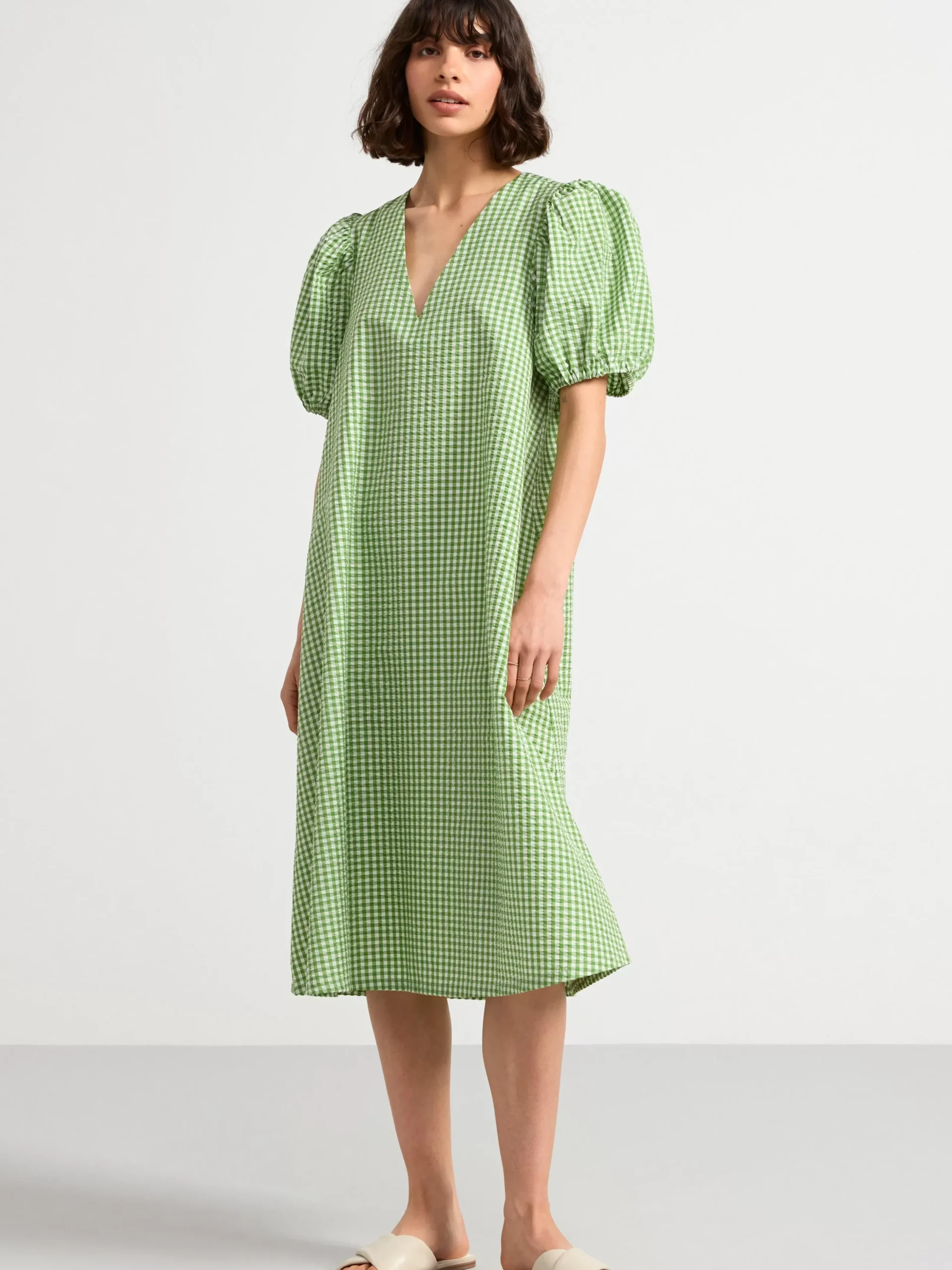 Klänningar>Lindex Midiklanning Med Puffarm Dark Lime