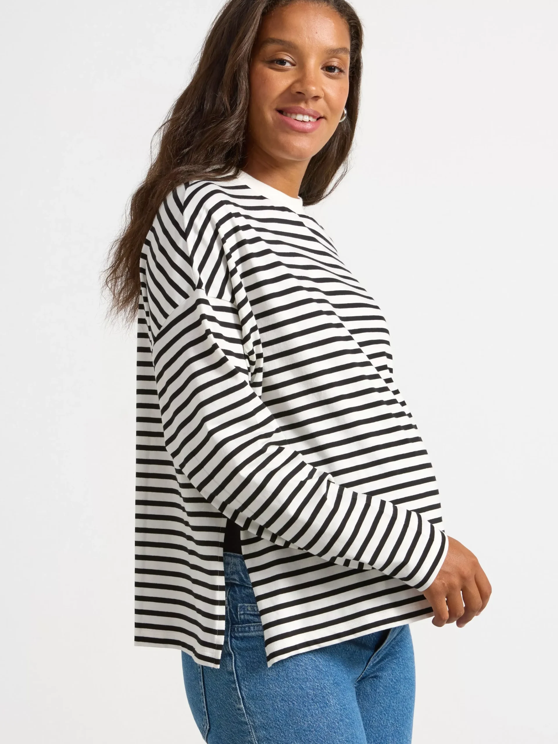 Toppar & T-Shirts>Lindex Mom Langarmad Topp Med Rander Light White