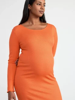 Klänningar>Lindex Mom Ribbad Klanning Med Lang Arm Dusty Orange