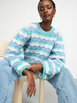 Tröjor & Cardigans>Lindex Monsterstickad Troja Med Rander Turqoise